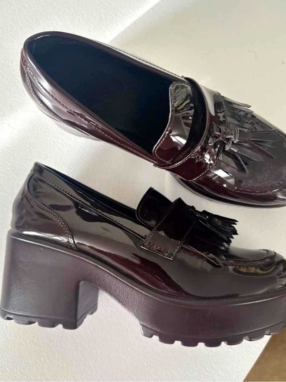 Chunky Kiltie Platform Loafers in Dark Brown Patent